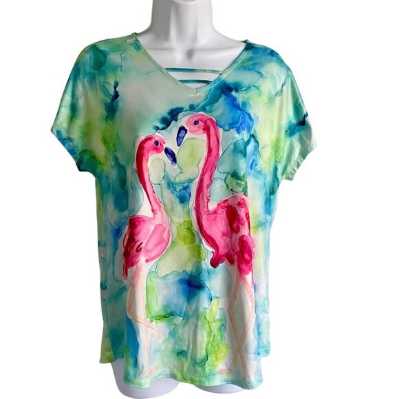 Art & Sol Colorful Flamingo Print Short Sleeve Top Women's Small NEW - Picture 2 of 10